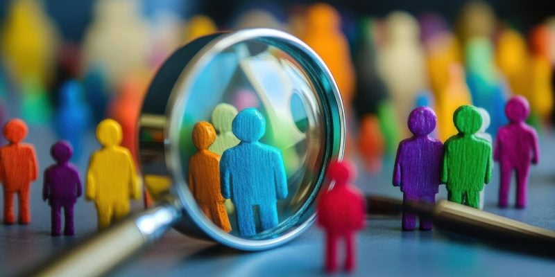 Searching for the Right Talent: Magnifying Glass and Colorful Figures Representing Recruitment Process people research