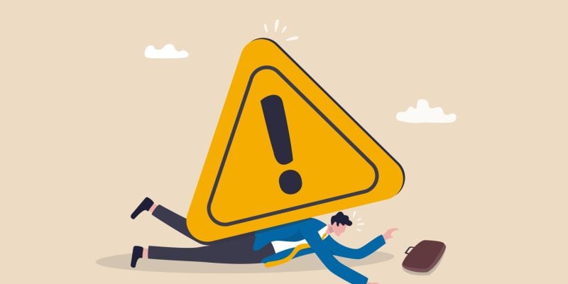 Caution or mistake attention, risk alarm with exclamation point symbol, error or failure warning, bankruptcy notice alert, problem attention concept, frustrated businessman fall under attention sign. Caution or mistake attention, risk alarm with exclamation point symbol, error or failure warning, bankruptcy notice alert, problem attention concept, frustrated businessman fall under attention sign.
